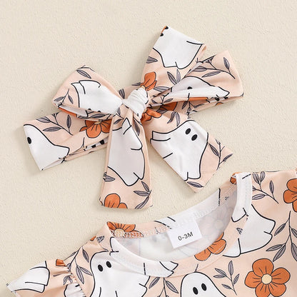 3-Piece Halloween Outfits! Girl’s Long Sleeve Ghost Rompers, Bibs, Skirt, overalls & Headband Sets