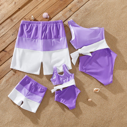 Family Matching! Color-block Swim Trunks or One-shoulder Side Knot Swimsuit