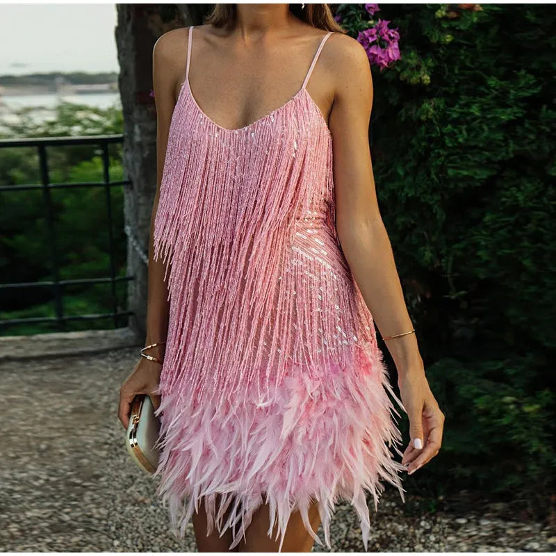 Womens Flirty Feather Mini Party Dress