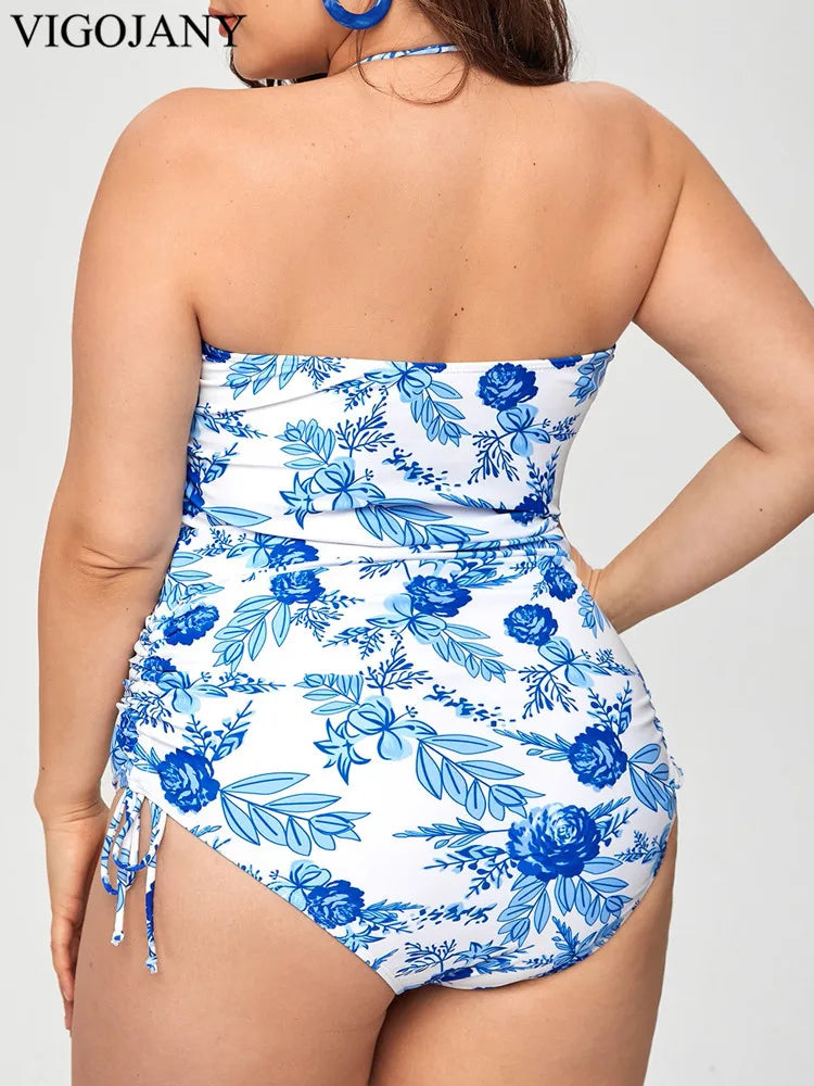 Print Tied Halter Plus SwimwearPush UP One Piece Swimsuit Backless Bathing Suit