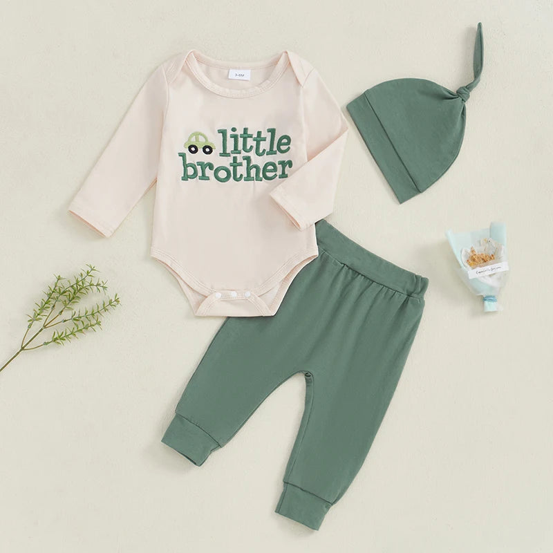 3-Piece Fall Outfits! Boy’s "Little Brother" Embroidered Onesies, Pants & Hat Sets