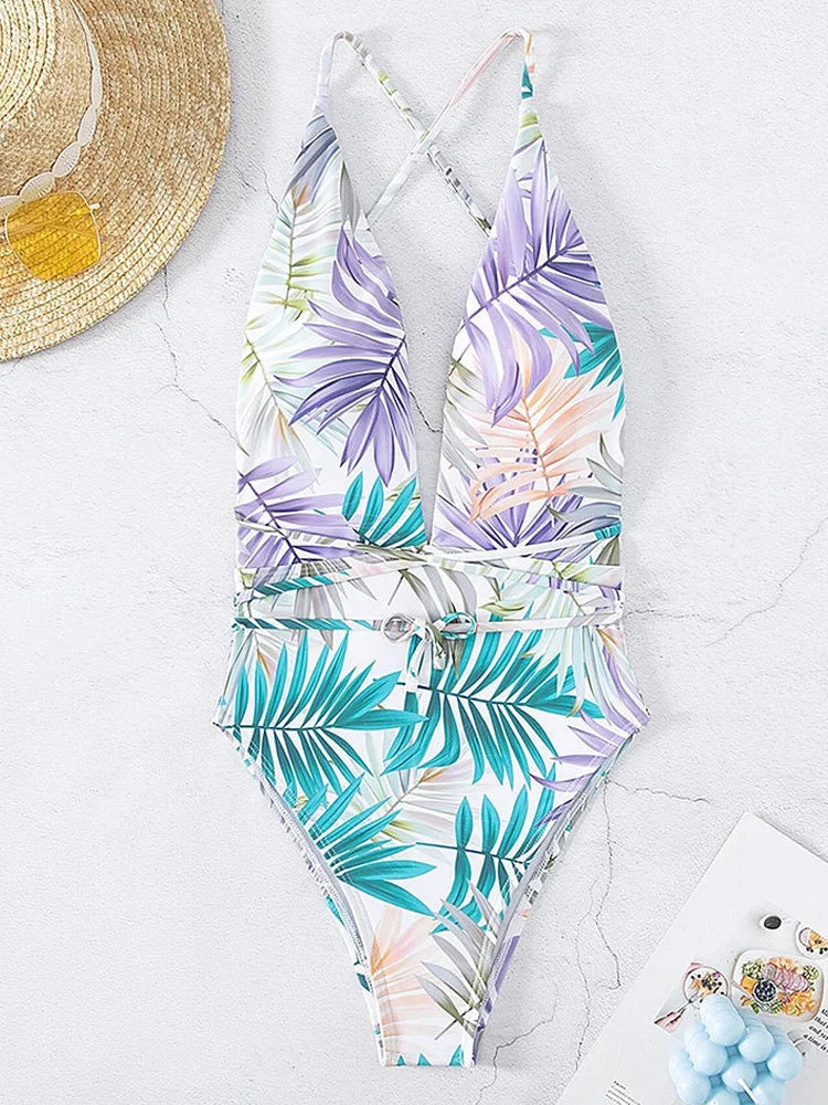 Print Deep V SwimwearBackless Cross Hollow Belt One Piece Swimsuit Monokini Summer Bathing Suit