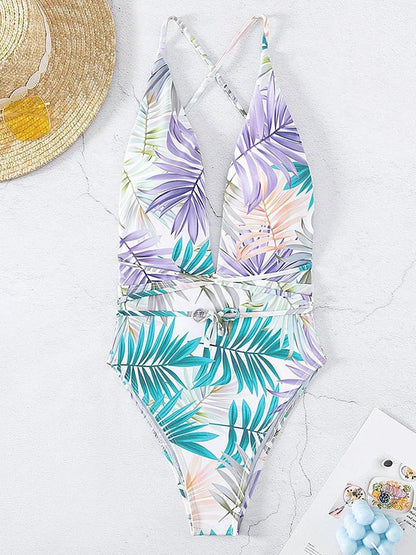 Print Deep V SwimwearBackless Cross Hollow Belt One Piece Swimsuit Monokini Summer Bathing Suit