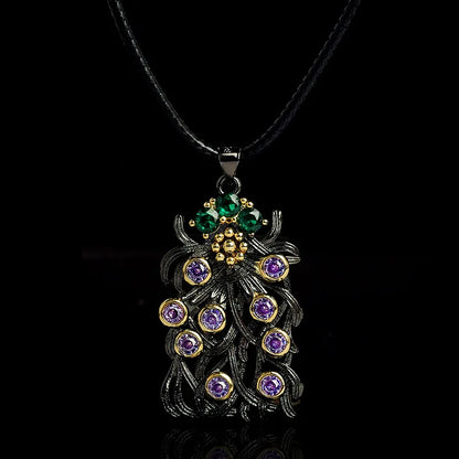 Purple Zircon Pendant Black & Gold Style Flower d Crystal Necklace