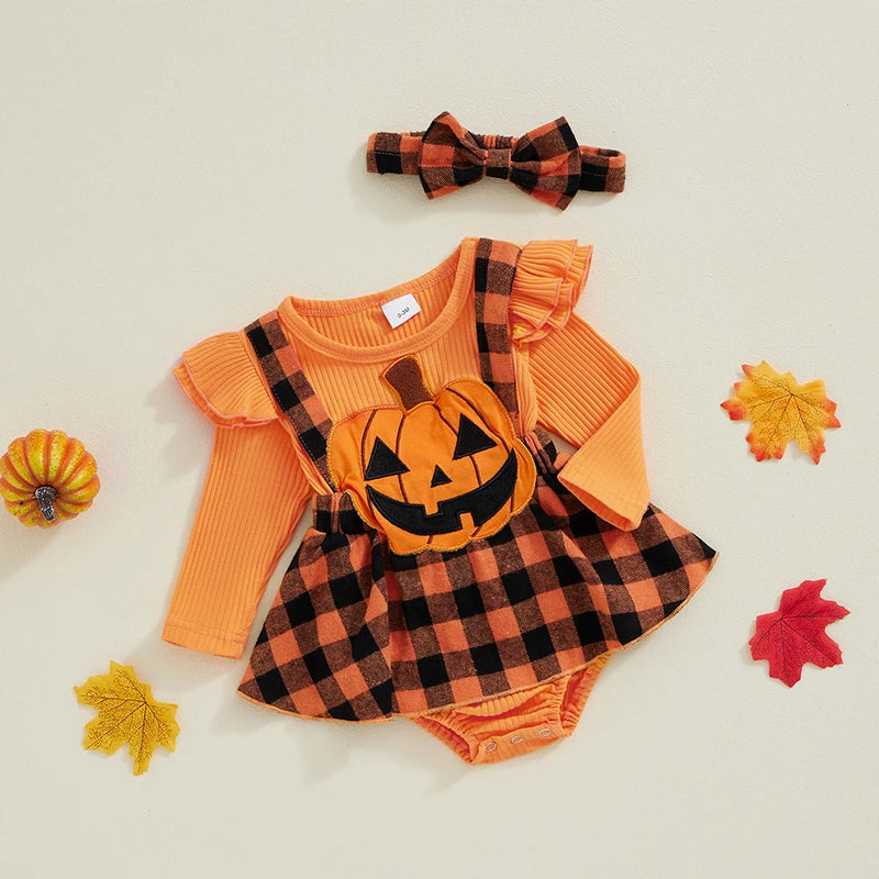 2-Piece Halloween Outfits! Girl’s Long Sleeve Embroidered Pumpkin Rompers, Dress & Headband Sets