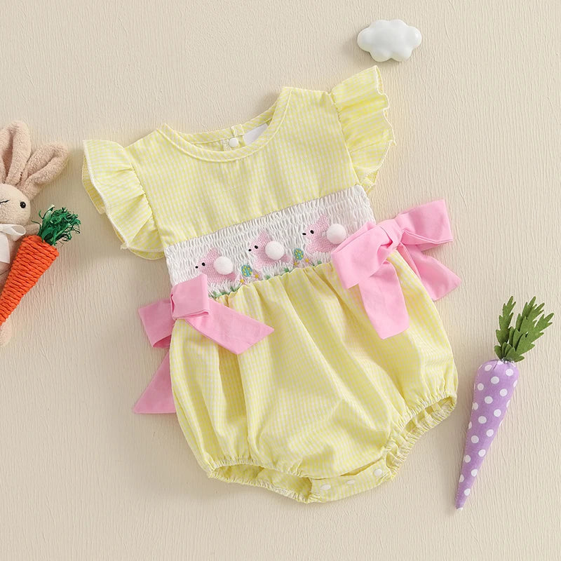 Girl's Fuzzy Bunny Tail Embroidered Solid & Plaid Easter Bow Rompers