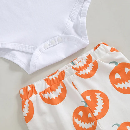 4-Piece Halloween Outfits! Girl’s Long Sleeve Pumpkin Onesie, Pants, Headband & Hat Sets