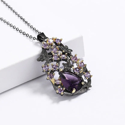 Purple Zircon Pendant Chain Black & Gold Style Purple Flower Necklace Personalized