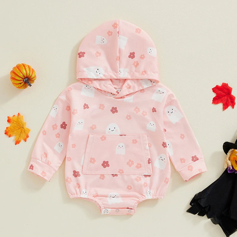 Halloween Onesies! Girl’s Long Sleeve Ghost Flower Hooded Onesies