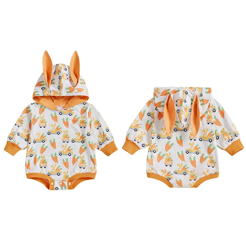 Boy's Hooded Easter Bunny Ears Long Sleeve Romper