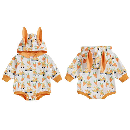 Boy's Hooded Easter Bunny Ears Long Sleeve Romper