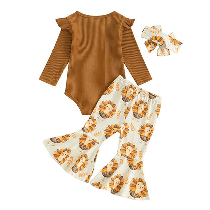 3-Piece Thanksgiving Outfits! Girl’s Long Sleeve Onesies, Pants, and Headband Sets