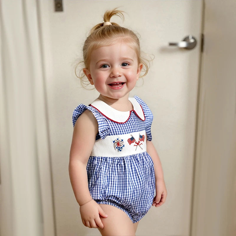 Girl's Embroidered 4th of July Plaid Doll Collar Rompers