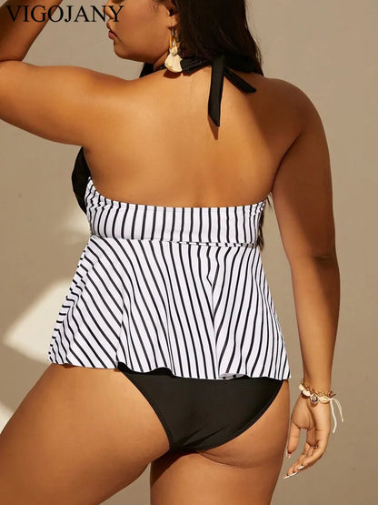 Sexy Patchwork Strapped Plus Tankini SetVerge Push Up Swimsuit Backless Summer Beach Bathing Suit