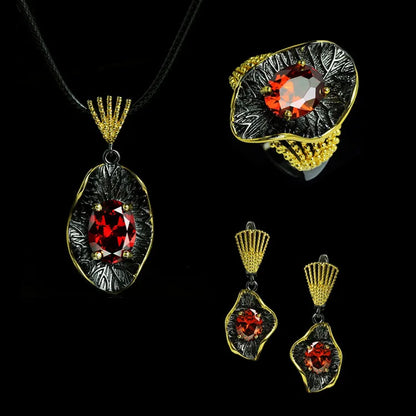 3-piece Red Zircon Gothic Black & Gold Style Rings, Necklace & Earrings Sets