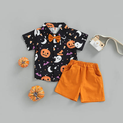 3-Piece Halloween Outfits! Boy’s Short Sleeve Ghost, Pumpkin, Onesie, Shorts & Bow-Tie Sets