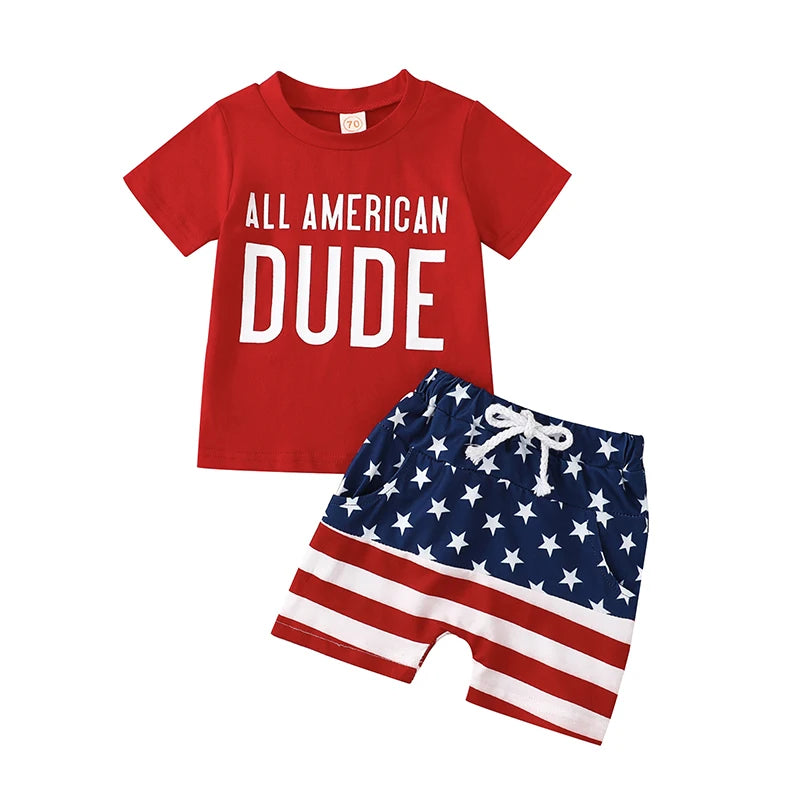 Boy's 2-Piece "All American Dude" 4th of July T-Shirts & Flag Shorts Sets