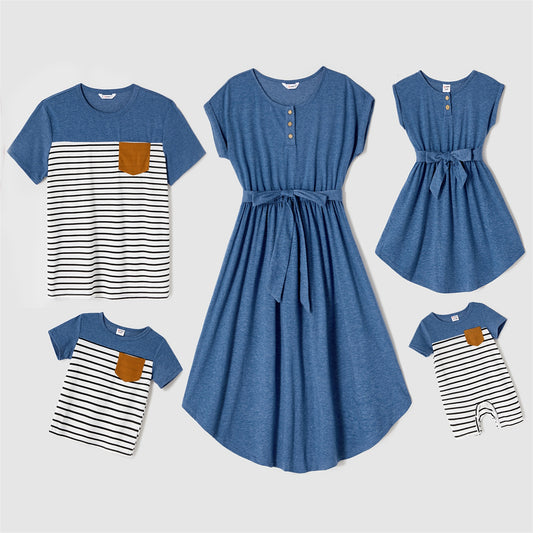 Family Matching! Blue Midi Dresses, Rompers & Striped T-shirts
