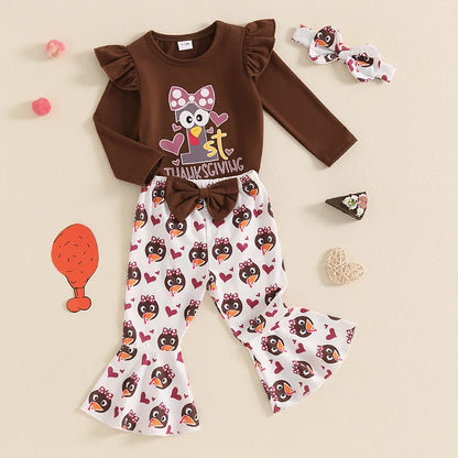 3-Piece Thanksgiving Outfits! Girl’s Long Sleeve Turkey Rompers, Pants& Bow Headband Sets