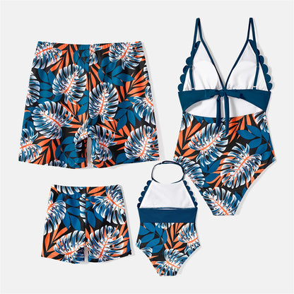 Family Matching! Plant Print Scallop Edge Spliced One-piece Swimsuit & Swim Trunks