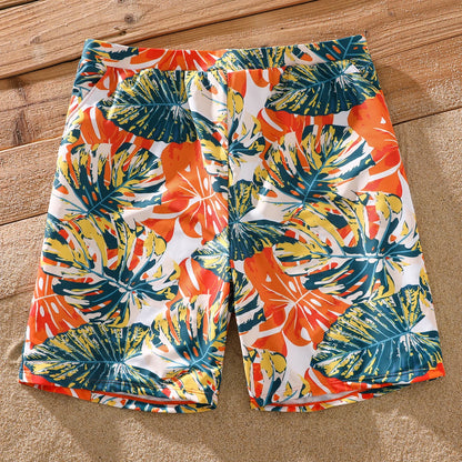 Family Matching! Orange Tropical Ruffled One Piece Swimwear & Trunks