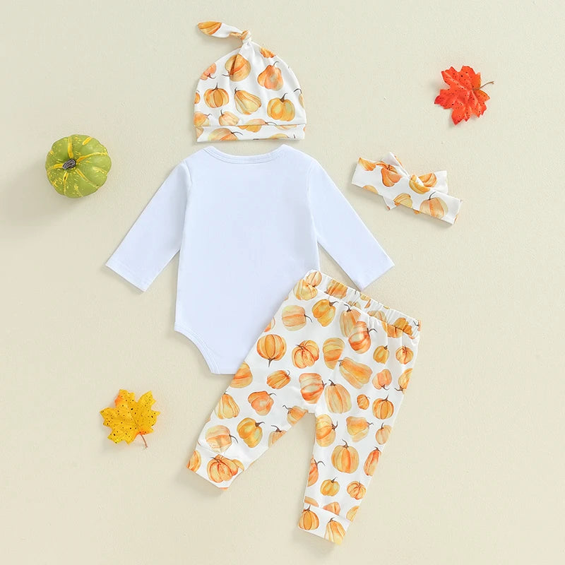 4-Piece Halloween Outfits! Girl’s Long Sleeve Pumpkin Onesie, Pants, Headband & Hat Sets