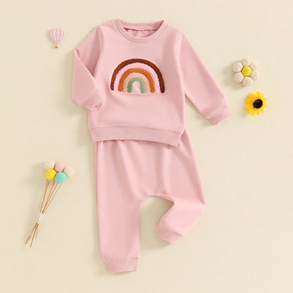 2-Piece Outfits! Girl's Embroidered Rainbow Sweatshirt & Pants Sets