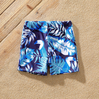 Family Matching! Blue Palm Leaf One Piece Swimsuits & Trunks