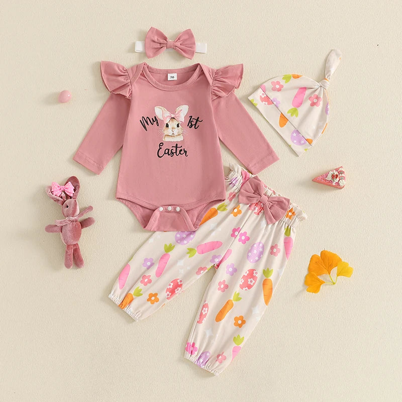 Girl's 4-Piece "My 1st Easter" Bunny Onesie, Pants, Bow Headband & Hat Sets