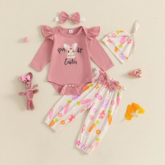 Girl's 4-Piece "My 1st Easter" Bunny Onesie, Pants, Bow Headband & Hat Sets