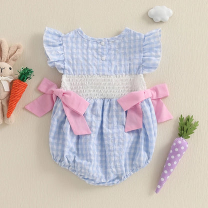 Girl's Fuzzy Bunny Tail Embroidered Solid & Plaid Easter Bow Rompers