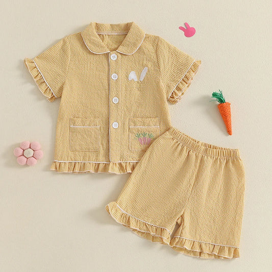 Girl's 2-Piece Plaid Embroidered Easter Bunny & Carrots Ruffled Pajamas