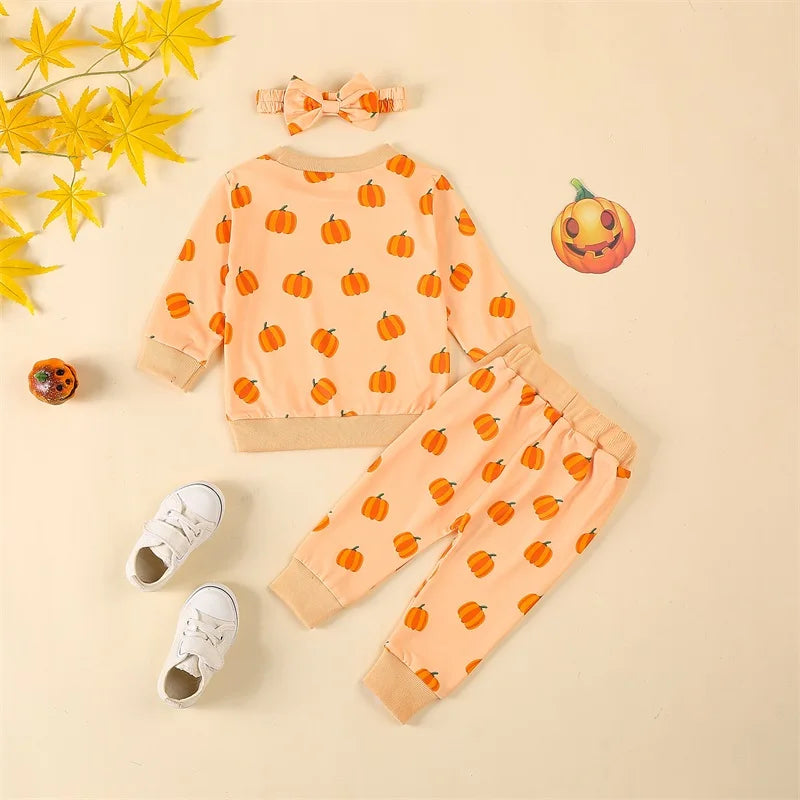 3-Piece Halloween Outfits! Girl’s Long Sleeve Pumpkin Sweatshirt, Pants & Headband Sets