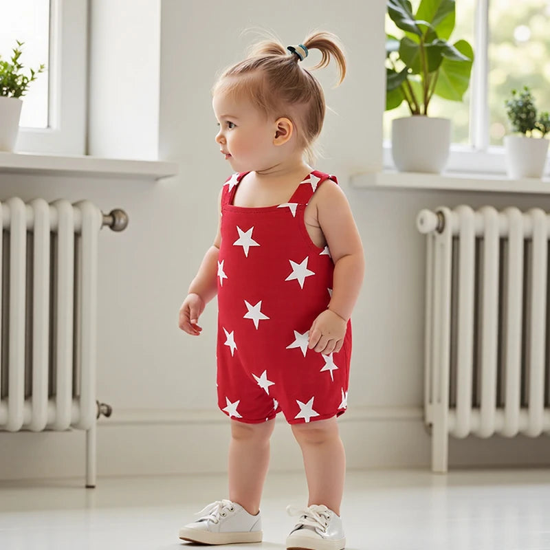 Girl's Star Print 4th of July Overall Rompers