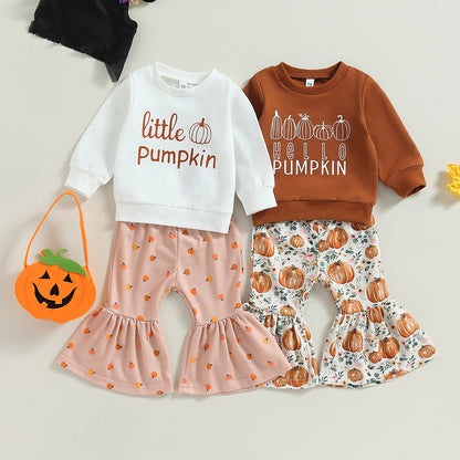 2-Piece Halloween Outfits! Girl’s Long Sleeve Pumpkin Sweatshirt & Pants Sets