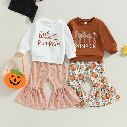 2-Piece Halloween Outfits! Girl’s Long Sleeve Pumpkin Sweatshirt & Pants Sets