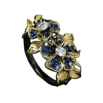 2-Piece Black & Gold Style Zircon Flower Ring & Earrings Sets