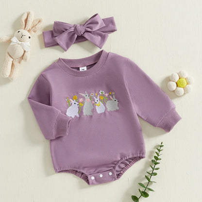 Girl's Easter Bunny Sweatshirt Onesies & Headband Sets