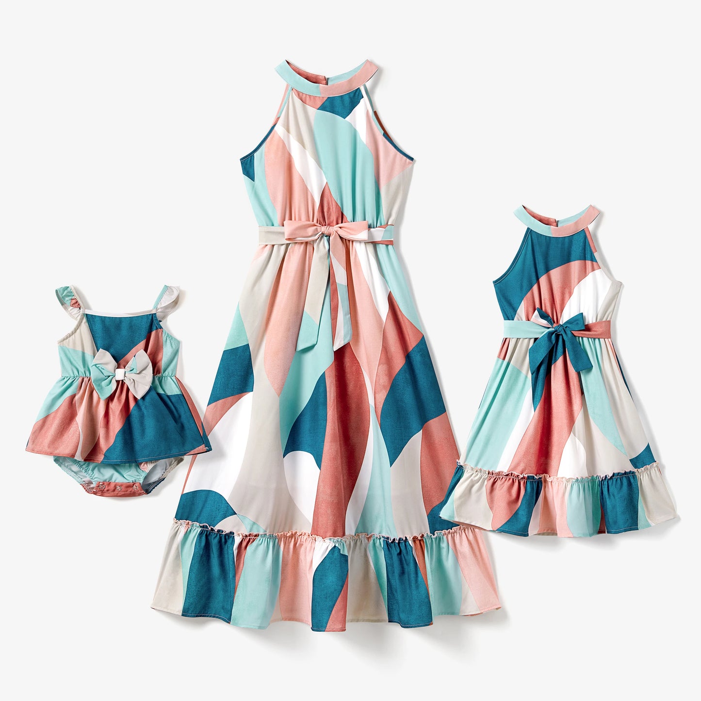 Mommy & Me! Matching Multi-Color High Neck Halter Ruffle Hem Belted Dress