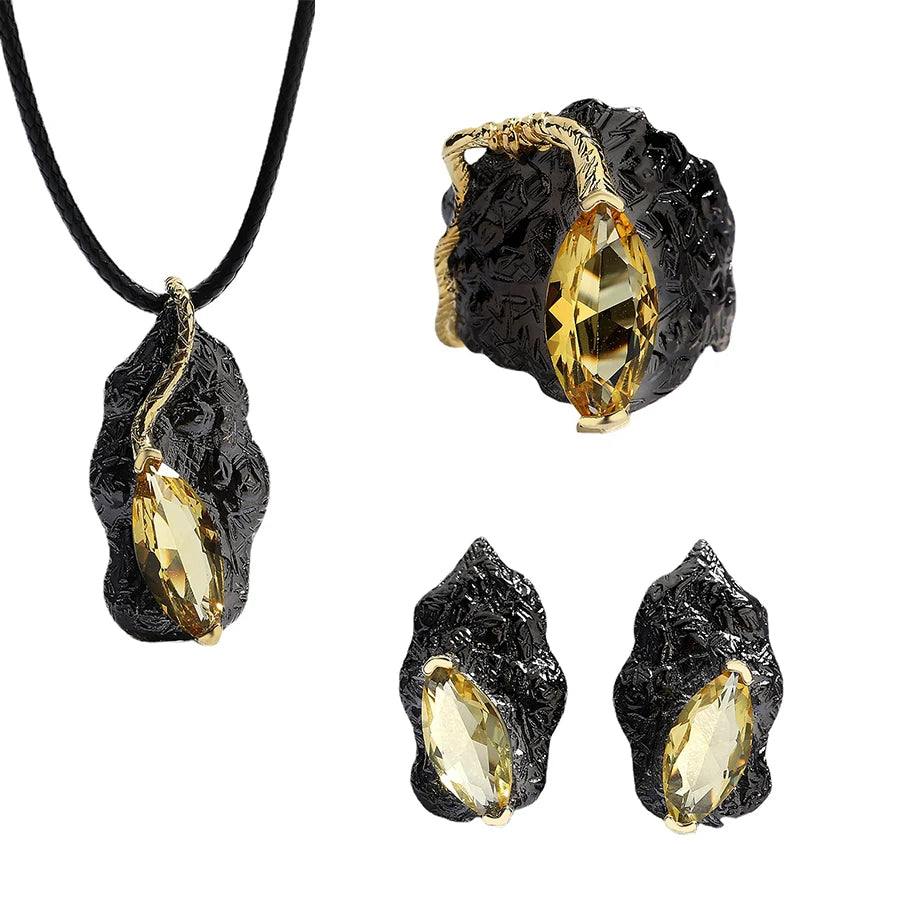 3-Piece Gothic Citrine Zircon Black & Gold Style Rings, Necklace & Earrings Sets