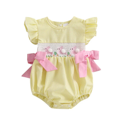 Girl's Fuzzy Bunny Tail Embroidered Solid & Plaid Easter Bow Rompers