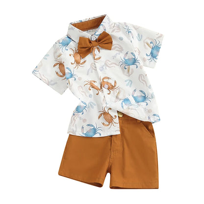 2-Piece Outfits! Boy's Rabbit & Ocean Print Button-Up Bow-Tie Collar Shirts  & Shorts Sets