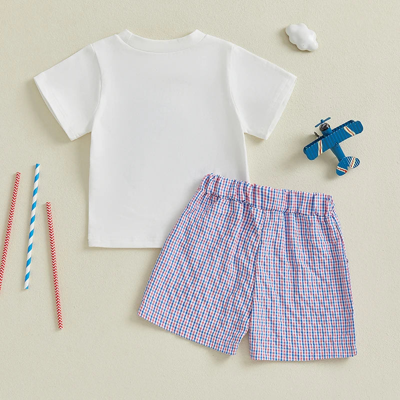 Boy's 2-Piece Embroidered 4th of July T-Shirts & Plaid Shorts Sets