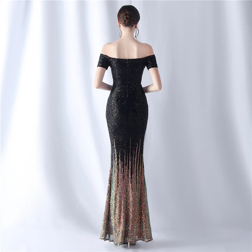 Sparkling Off-Shoulder Black Evening Gown
