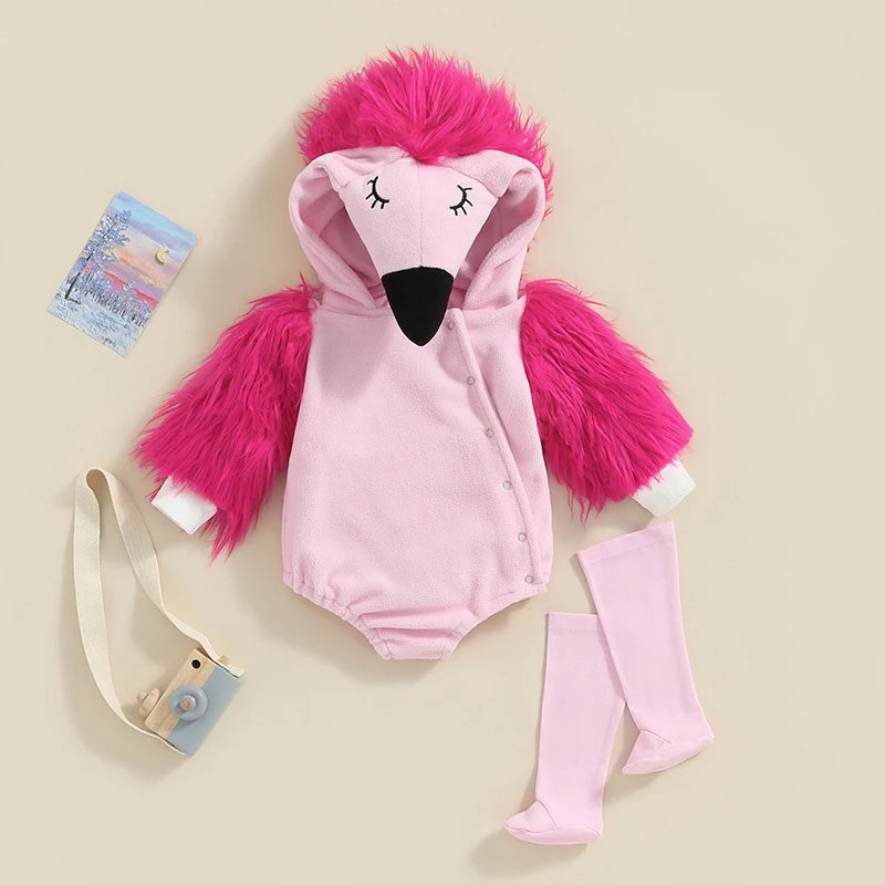 Girl's 2-Piece Fuzzy Flamingo Halloween Costume Sets with Romper & Leg Warmers