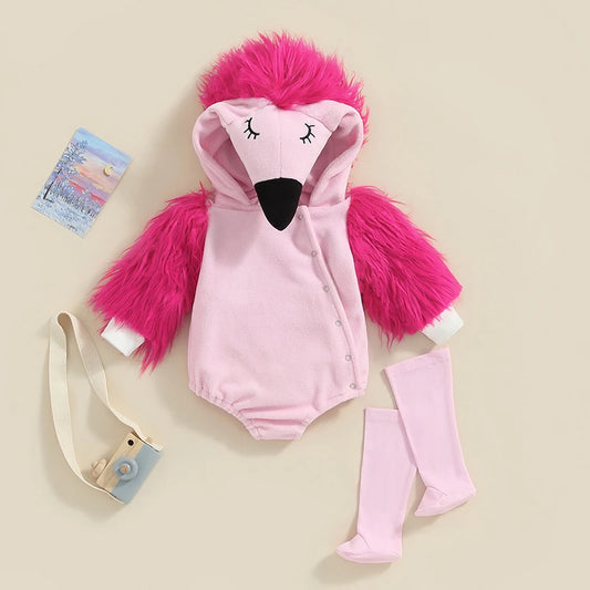 Girl's 2-Piece Fuzzy Flamingo Halloween Costume Sets with Romper & Leg Warmers
