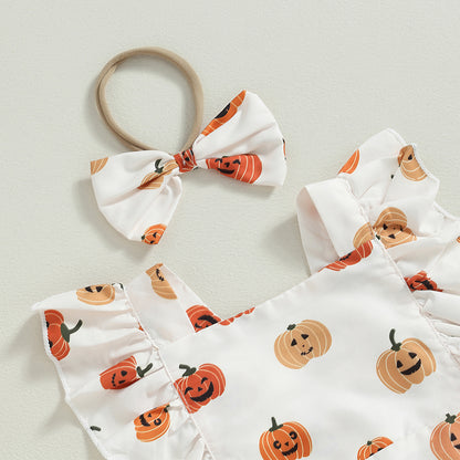 2-Piece Halloween Outfits! Girl’s Long Sleeve Pumpkin Sweatshirt Rompers & Headband Sets