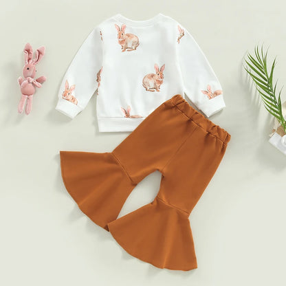 Girl's Long Sleeve Easter Bunny Sweatshirts & Flare Pants Sets