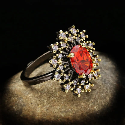 Red Zircon Black & Gold Style Sunflower Cocktail Rings