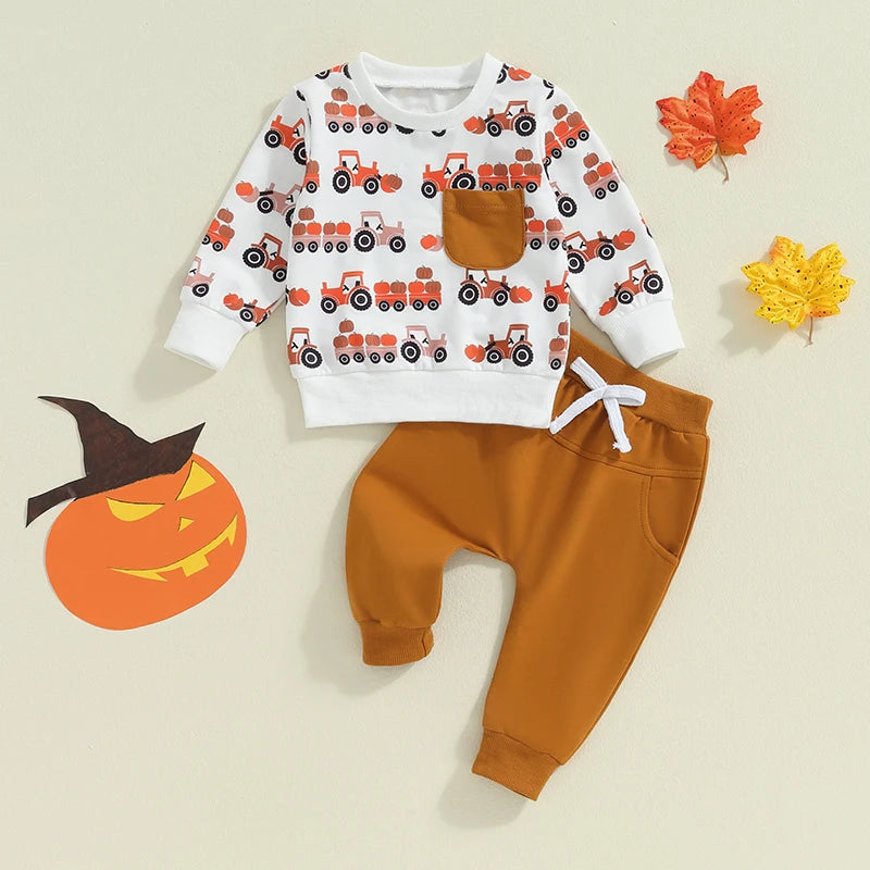 2-piece Sets! Boy's Pumpkin Tractor Fall Sweatshirts & Sweatpants Outfits